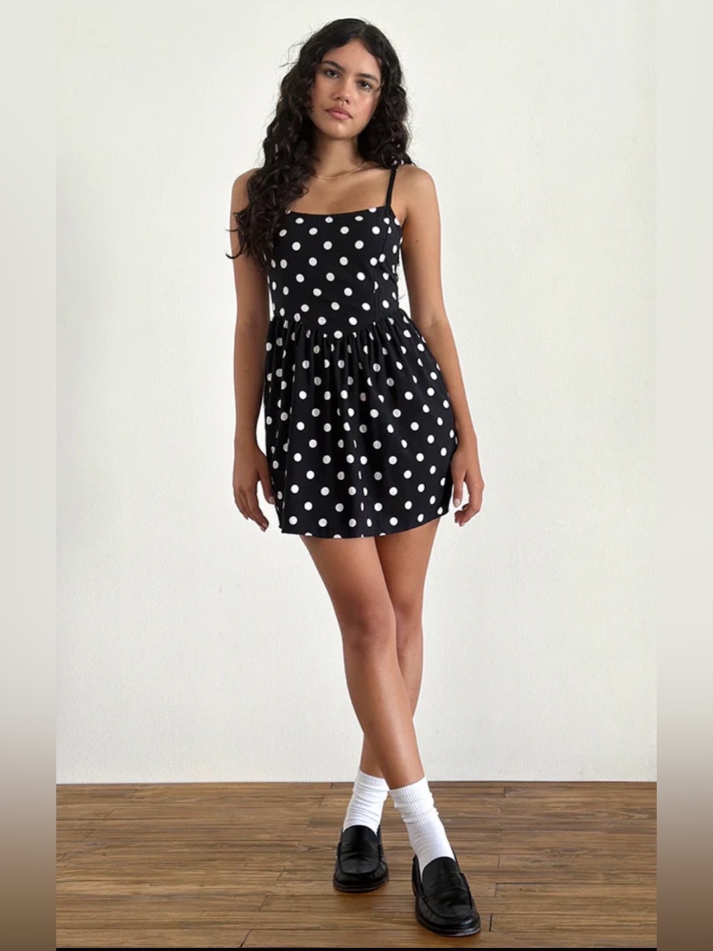 Motel Ramana Mini Dress In 80s Polka Black Size Medium